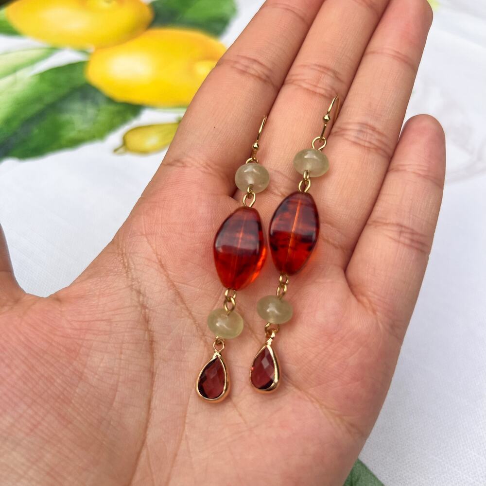Amber Garnet Wine Red Crystal Glass Cantaloupe Fruit Green Casual Earrings - Picture 3 of 6